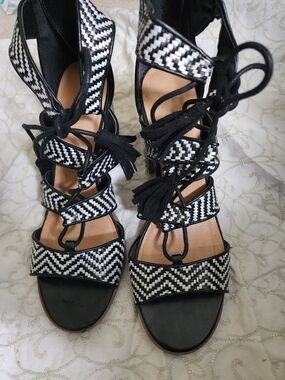 Indigo Black and White Woven Lace-Up Heeled Sandals